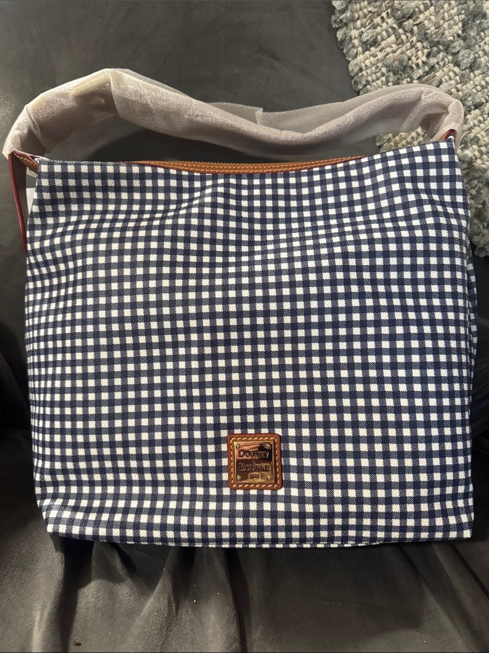 Dooney & Bourke Navy and White Gingham Shoulder Bag with Leather Trim